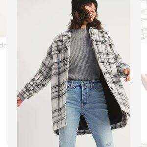Oversized Soft-Brushed Plaid Long Shirt Jacket white plaid shacket coat